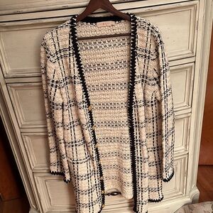 Tory Burch Kendra tweed cardigan in a black and cream